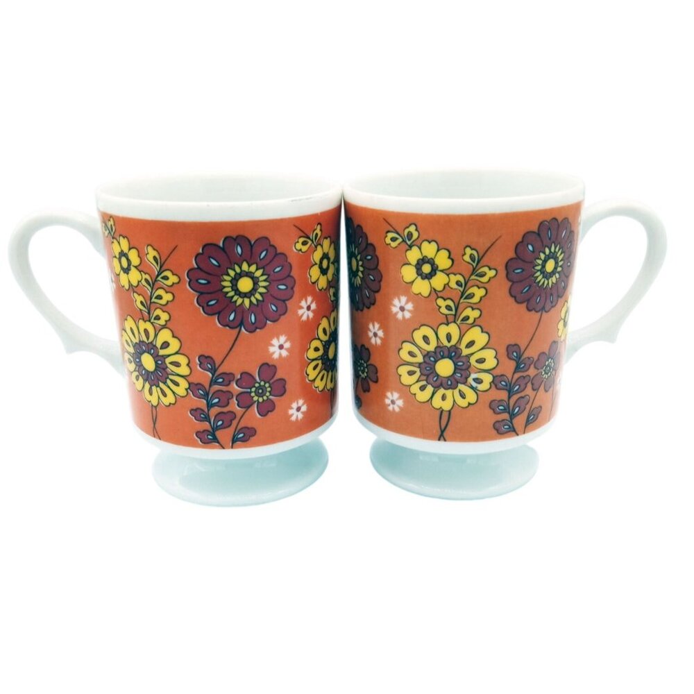 Pedestal Coffee Cups Vintage Yellow Flowers Orange 3.75 Inch 1970s Retro Kitschy